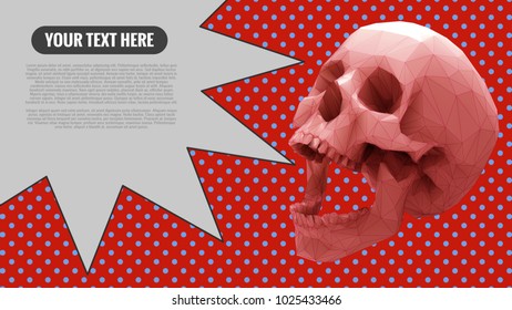 Low poly skull with speech bubble for warning text on red and blue polka dot background