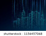 Low poly smart city 3D wire mesh. Intelligent building automation system business concept. Binary code number data flow. Architecture urban cityscape technology sketch banner vector illustration