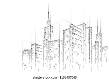 Low poly smart city 3D wire mesh. Intelligent building automation system business concept. Web online computer networking. Architecture urban cityscape technology sketch banner vector illustration