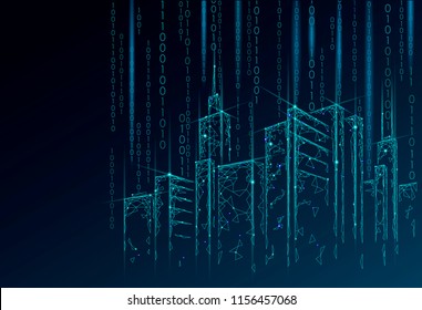 Low poly smart city 3D wire mesh. Intelligent building automation system business concept. Binary code number data flow. Architecture urban cityscape technology sketch banner vector illustration