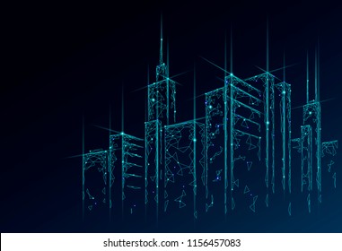 Low Poly Smart City 3D Wire Mesh. Intelligent Building Automation System Business Concept. Web Online Computer Networking. Architecture Urban Cityscape Technology Sketch Banner Vector Illustration