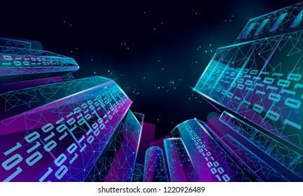 Low poly smart city 3D wire mesh. Intelligent building automation system business concept. Binary code number data flow. Architecture urban cityscape technology sketch banner vector illustration