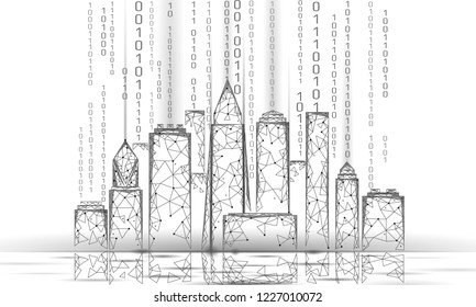 Low poly smart city 3D wire mesh. Intelligent building automation system business concept. Binary code number data flow. Architecture urban cityscape technology sketch banner vector illustration