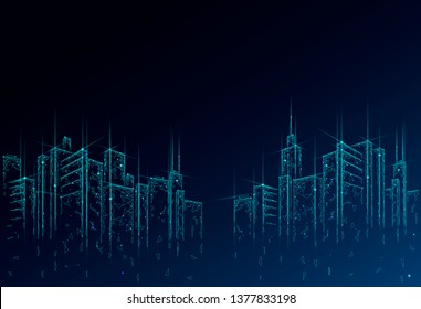 Low poly smart city 3D wire mesh. Intelligent building automation system business concept. High skyscrapers border pattern background. Architecture urban cityscape technology vector illustration