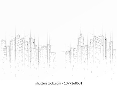 Low poly smart city 3D wire mesh. Intelligent building automation system business concept. High skyscrapers border pattern background. Architecture urban cityscape technology vector illustration