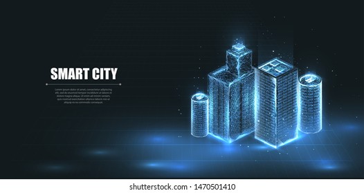 Low poly smart city 3D wire mesh. Intelligent building automation system business concept. Low poly wireframe mesh. Isolated on a dark blue background. Vector