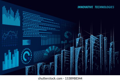 Low poly smart city 3D wire mesh. Intelligent building automation system business concept. High skyscrapers border pattern background. Architecture urban cityscape technology vector illustration