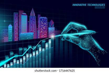 Low poly smart city 3D growing graph. Intelligent building automation system business concept. hand with pen point. Architecture urban cityscape technology banner vector illustration.