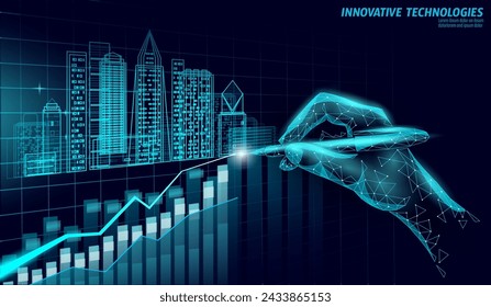 Gráfica de crecimiento 3D de la ciudad inteligente de bajo poli. Sistema de automatización de edificios inteligente concepto de negocio. mano con punta de pluma. Ilustración vectorial de banner de tecnología de paisaje urbano de arquitectura.