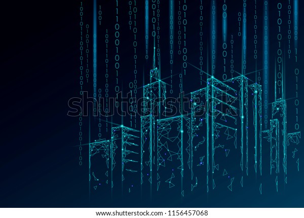Low poly smart city 3D wire mesh.\
Intelligent building automation system business concept. Binary\
code number data flow. Architecture urban cityscape technology\
sketch banner vector\
illustration