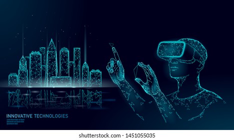 Low poly smart city intelligent building automation. VR helmet augmented reality visualize creation concept. Architecture urban cityscape technology sketch banner vector illustration