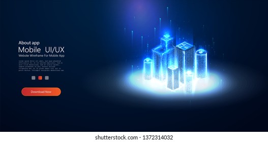 Low poly smart city wireframe. Sparkle stardust. Glittering vector with blue particles on dark background. Architecture urban cityscape technology sketch banner vector illustration