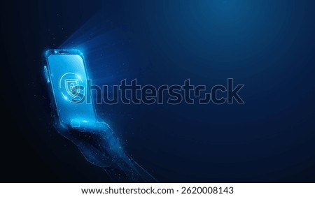 Low Poly Smartphone in Hand With Shield Lock Icon. Abstract geometric illustration depicting digital security and privacy related mobile application concept by wireframe mesh on blue background