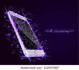 Low poly smartphone mobile touch screen display. Triangle polygonal geometric design connected dots starry sky.