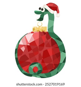 Low Poly Schlange und Weihnachtsball einzeln auf transparentem Hintergrund. Geometrisches Symbol 2025 Chinesisches Neujahr. Low-Poly-Vektorgrafik für Grußpostkarten-Plakatabdeckungsdesign. EPS 10