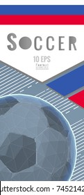 Low poly soccer ball graphic layout template on gray background with white blue and red flag stripe