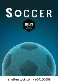 Low poly soccer ball poster graphics on polygonal dark blue and green background