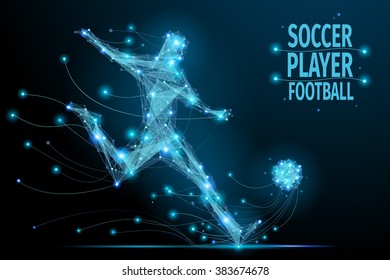 Low poly soccer player hits the ball in motion. Polygonal footballer. Abstract polygonal blue football player. Thin line vector