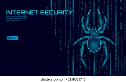 Low poly spider hacker attack danger. Web security virus data safety antivirus concept. Polygonal modern design business concept. Cyber crime web insect bug technology vector illustration