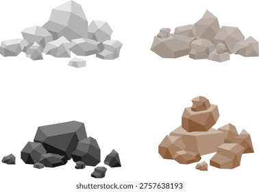 Low poly stone rock boulders set in different colors for game environment landscape vector illustration