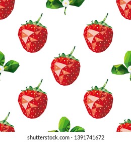 Low Poly strawberries and flowers seamless pattern on white background. Colorful abstract background. Vector illustration.