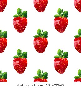 Low Poly strawberries seamless pattern with white background. Colorful abstract background. Vector illustration.