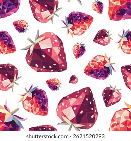 Low Poly Strawberry Seamless Pattern on Black. Polygonal Strawberry Fruit Vector Background