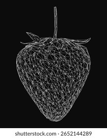 Morango baixo poli destaca-se contra um fundo preto com formas geométricas afiadas e linhas limpas. O contraste realça o design branco e angular vibrante da fruta.