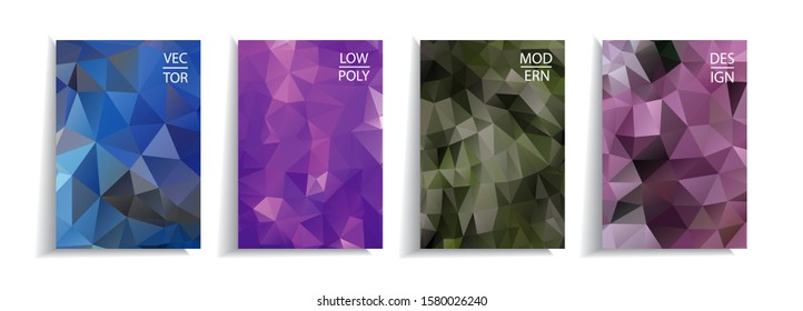 Low poly style abstract templates set.  It can be used for design book, flyer, poster, catalog, folder, notebook cover, mobile phone or computer screen, social media  etc. Vector illustration.