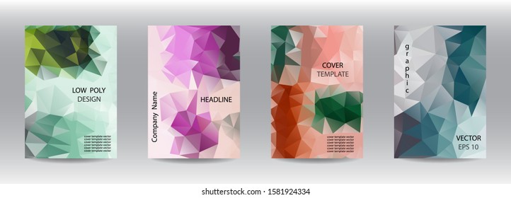 Low poly style abstract templates set.  It can be used for design book, flyer, poster, catalog, folder, notebook cover, mobile phone or computer screen, social media  etc. Vector illustration.