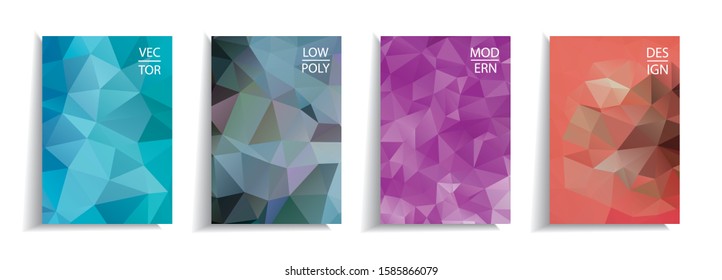 Low poly style abstract templates set.  It can be used for design book, flyer, poster, catalog, folder, notebook cover, mobile phone or computer screen, social media  etc. Vector illustration.