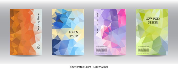 Low poly style abstract templates set.  It can be used for design book, flyer, poster, catalog, folder, notebook cover, mobile phone or computer screen, social media  etc. Vector illustration.