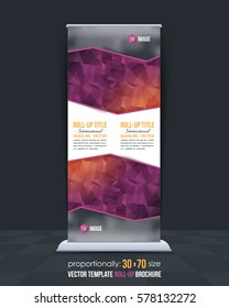 Low Poly Style Advertising Roll Up Banner Vector Background. Business Roll-up Cover Design with Image Add Feature, Print Ready Flat Style Rollup Ad or Website Vertical Template
