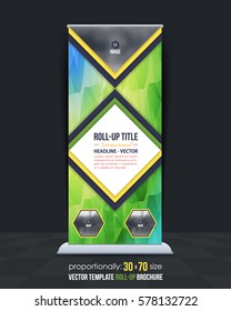 Low Poly Style Advertising Roll Up Banner Vector Background. Business Roll-up Cover Design with Image Add Feature, Print Ready Flat Style Rollup Ad or Website Vertical Template