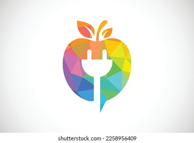 Low poly style apple and electricity logo sign symbol in flat style on white background