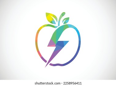 Low poly style apple and electricity logo sign symbol in flat style on white background