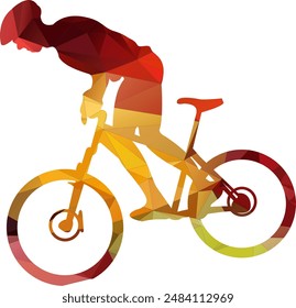 Low poly style biker vector illustration featuring a cyclist designed with geometric shapes and solid colors. The polygonal art creates a modern, abstract look, perfect for use in digital art