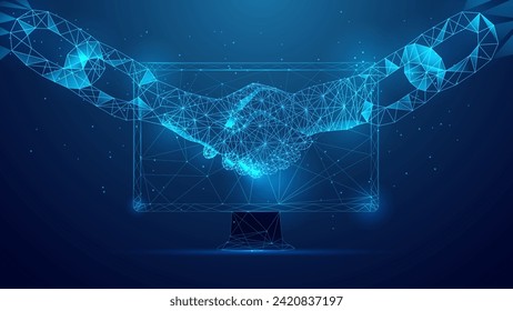 Low poly style Blockchain technology agreement virtual handshake business concept illustration.