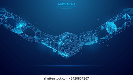 Low poly style Blockchain technology agreement handshake business concept illustration.