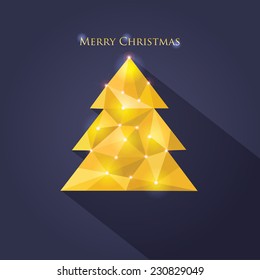 low poly style bright golden christmas tree vector illustration isolated on dark background