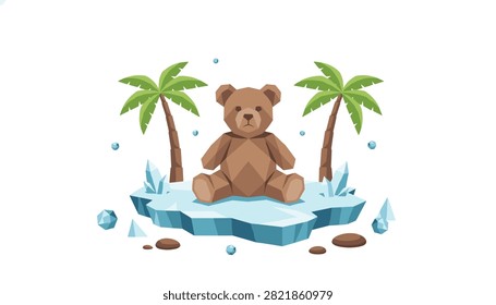 Low poly style brown teddy bear sitting on a floating ice block island surrounded by tropical palm trees and jagged ice crystals.