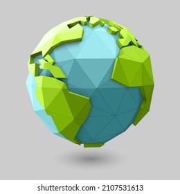 Low poly style earth globe. World globe illustration with green polygonal geometric map of the land. Vector 3D polygon planet icon design.