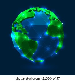 Low poly style earth globe with glowing connected lines and dots on dark background. World globe illustration with geometric map of the land. Vector 3D polygon planet icon design.