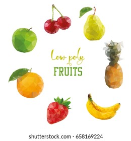 Low poly style fruits. Cherry pinapple apple banana strawberry orange