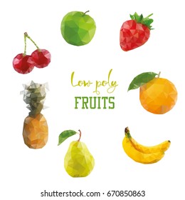 Low poly style fruits. Cherry apple banana strawberry orange isolated