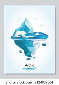 isla de naturaleza geométrica de bajo estilo polo con oso polar blanco sobre un hielo en medio del océano. Ilustración vectorial del concepto de protección ambiental, detener el calentamiento global. 