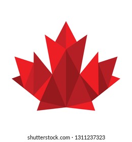 A low poly style graphic maple leaf made out of solid red polygons..