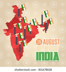 Low Poly Style India Map and Hands Hold Flags. Independence Day 15 August Celebration Card, Background, Badges Vector Template