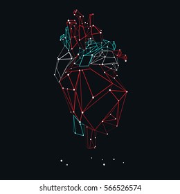 Low poly style isolated line anatomical heart in white, red and blue colors on the black background.  Vector illustration.