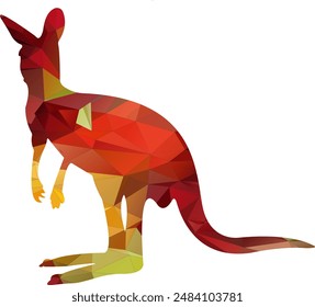 Low poly style kangaroo vector illustration featuring a kangaroo designed with geometric shapes and solid colors. The polygonal art creates a modern, abstract look, perfect for use in digital art,